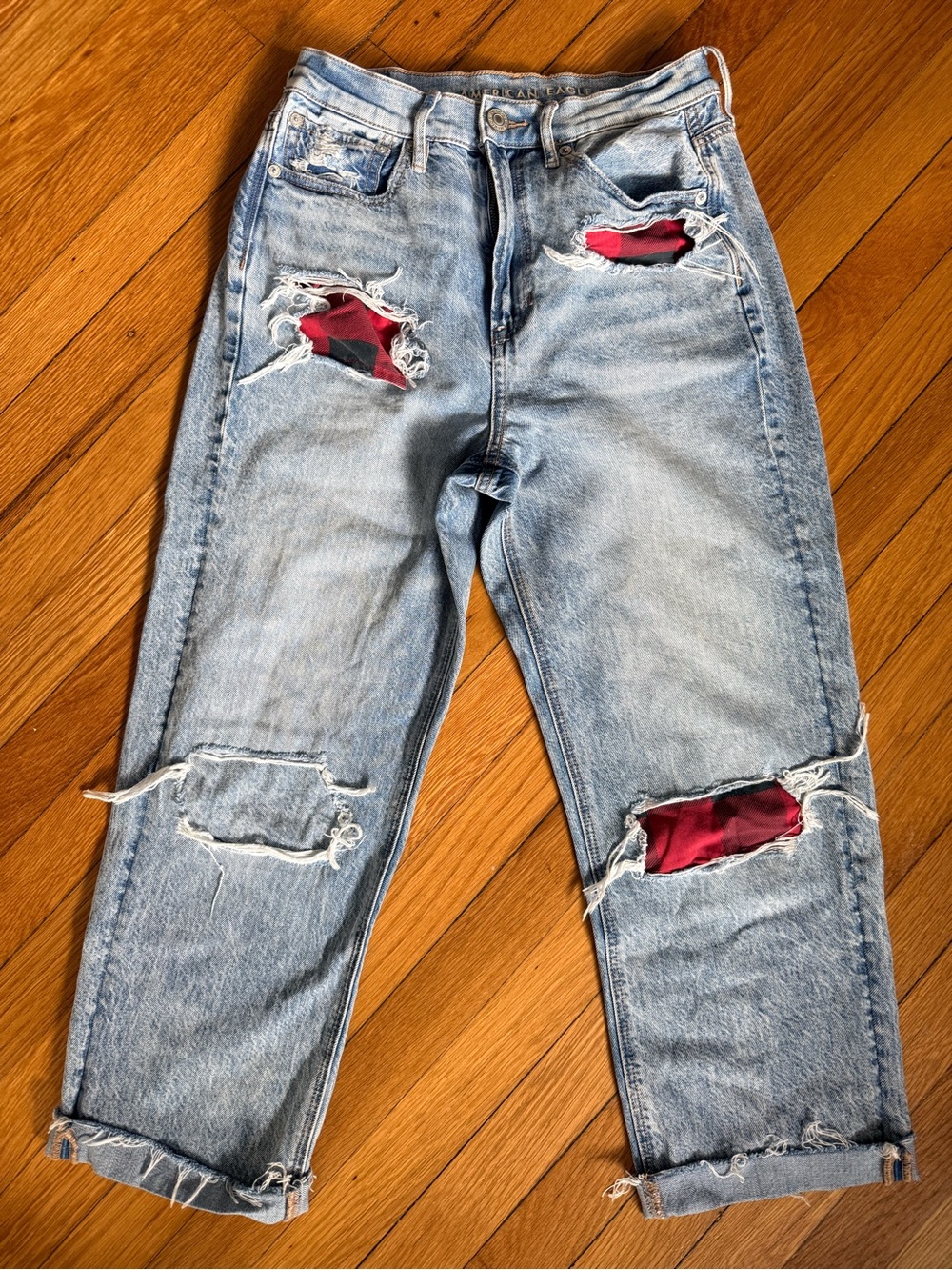 American Eagle Outfitters Light Wash Boyfriend Jeans w/ Buffalo Check Patches